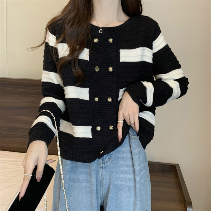 Double Breasted Striped Sweater Coat Short Knitted Top