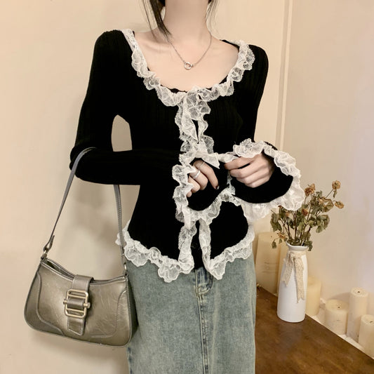 Lace Long-Sleeved Sweater Patchwork Top