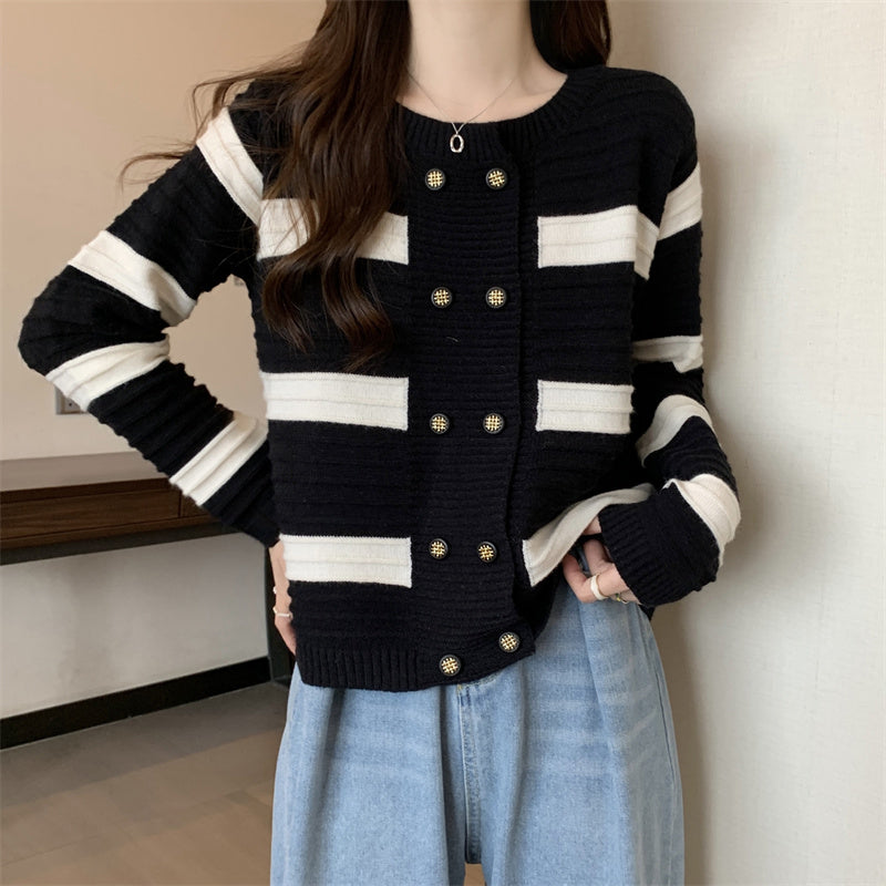 Double Breasted Striped Sweater Coat Short Knitted Top