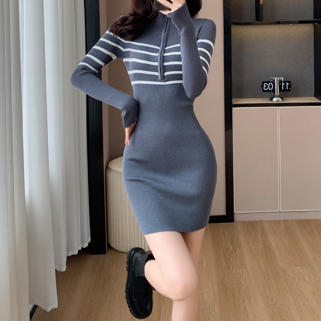 Stretch-Zip Bodycon Knit Turtleneck Long-Sleeve Dress