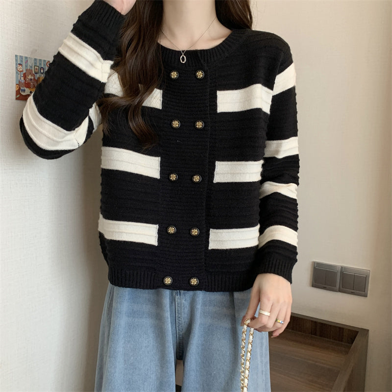 Double Breasted Striped Sweater Coat Short Knitted Top