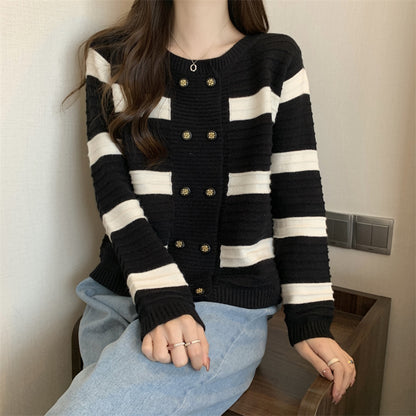 Double Breasted Striped Sweater Coat Short Knitted Top