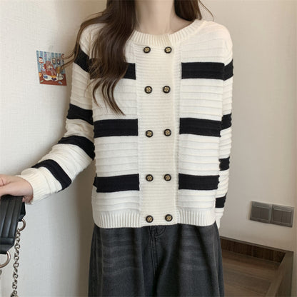 Double Breasted Striped Sweater Coat Short Knitted Top