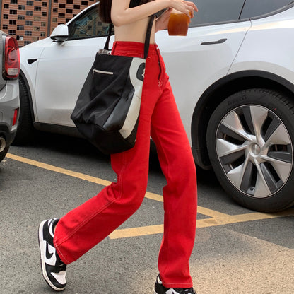 Red Jeans Straight Wide Leg Versatile Pants