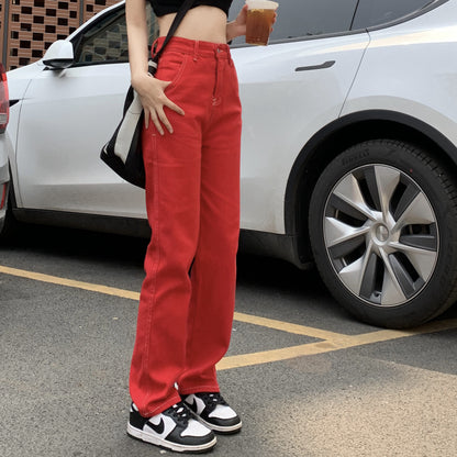 Red Jeans Straight Wide Leg Versatile Pants