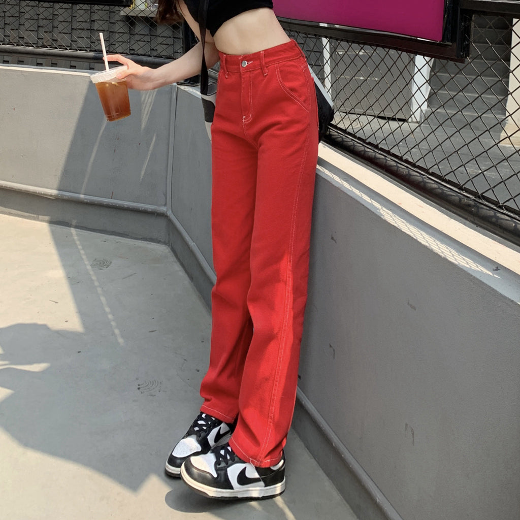 Red Jeans Straight Wide Leg Versatile Pants