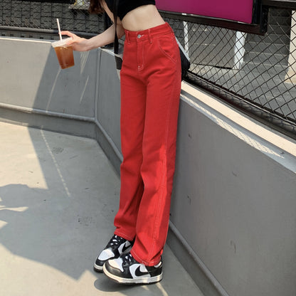 Red Jeans Straight Wide Leg Versatile Pants