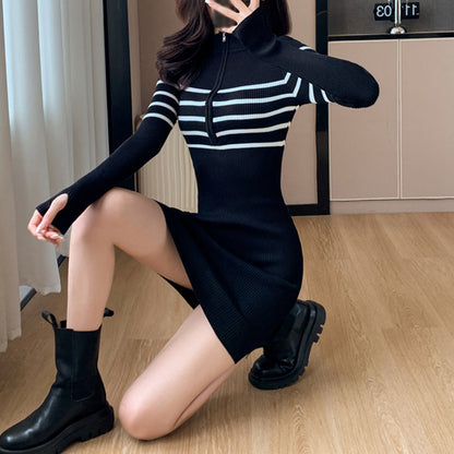 Stretch-Zip Bodycon Knit Turtleneck Long-Sleeve Dress