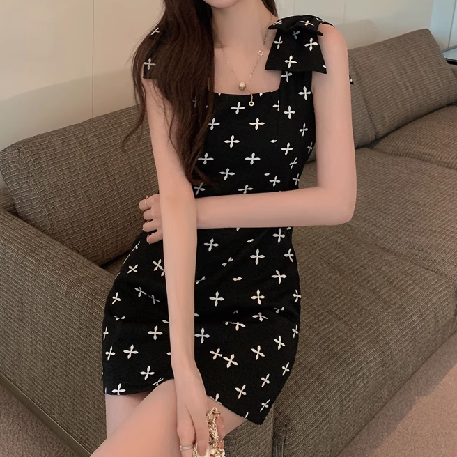 Temperament Fashionable Cross Print Bow Cami Dress