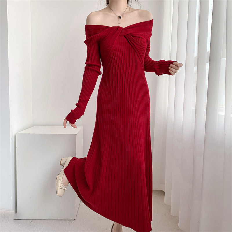 Braided Off-The-Shoulder High-Waist Knitted Dress