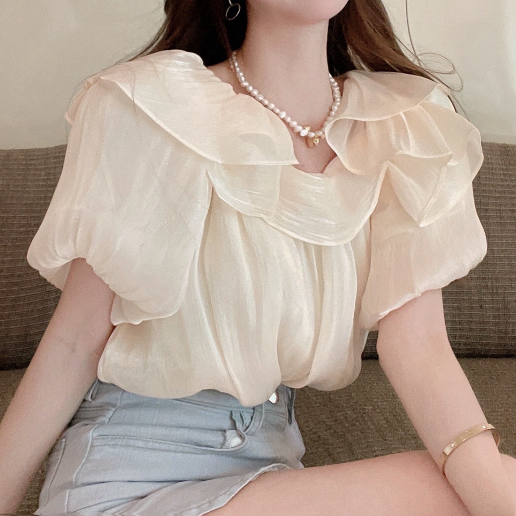 One-Line Collar Top Ruffled Off-Shoulder Chiffon Shirt