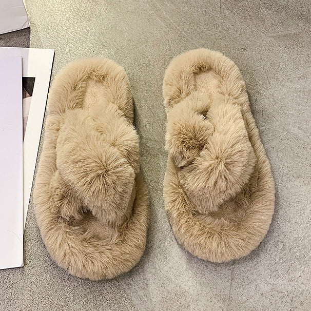 Furry For Outer Wear Shoes Flower Home Cotton Slippers