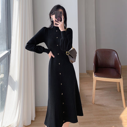 Half Turtleneck Lantern Sleeve Knit Dress