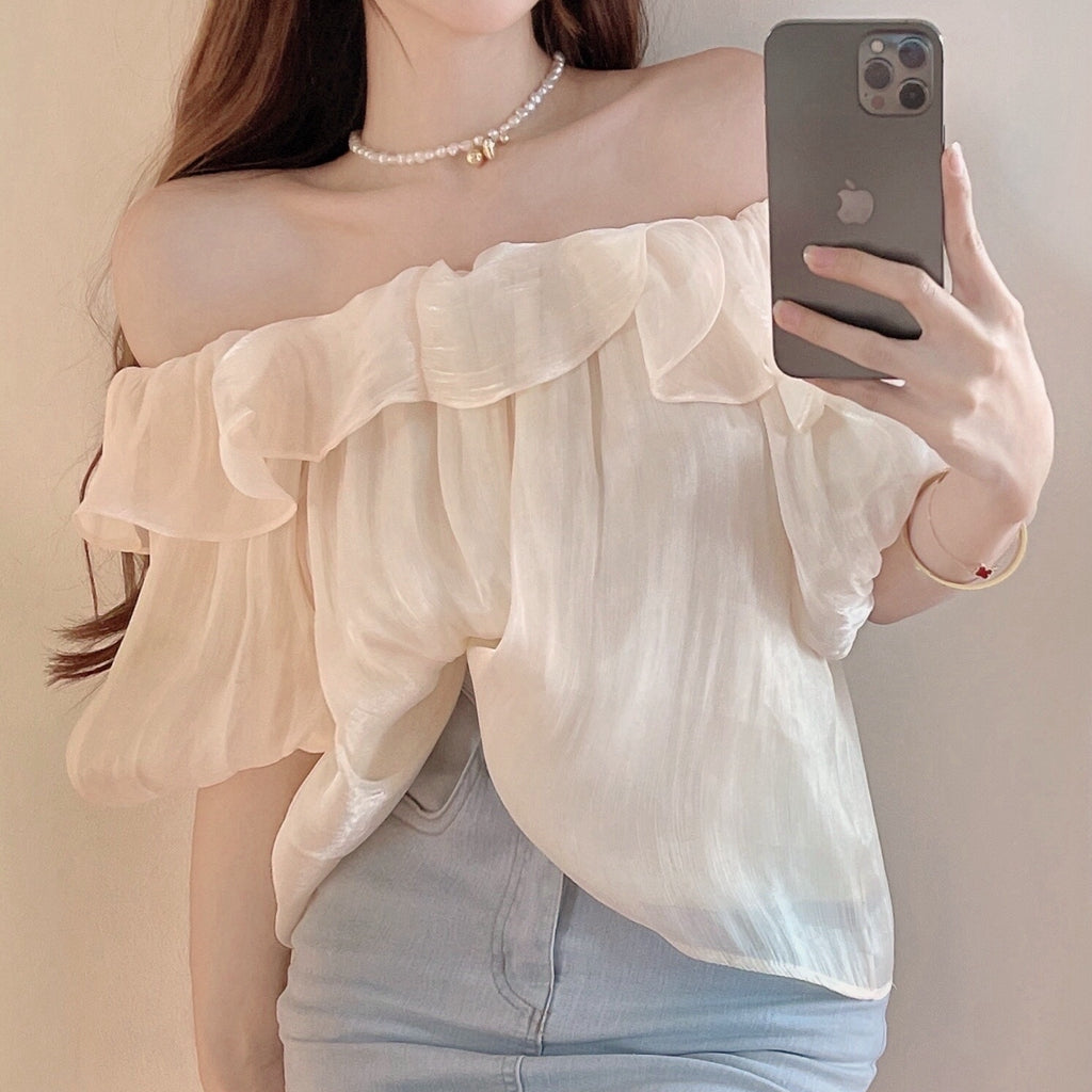 One-Line Collar Top Ruffled Off-Shoulder Chiffon Shirt