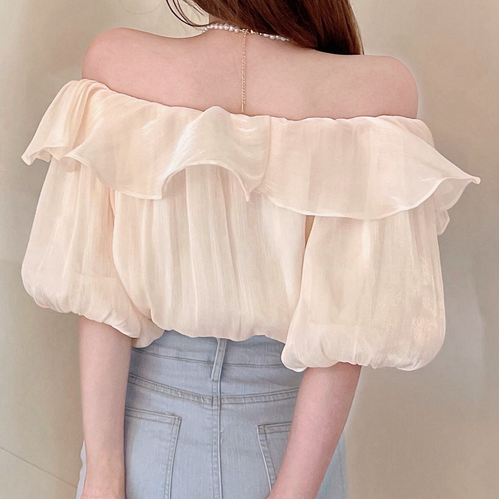 One-Line Collar Top Ruffled Off-Shoulder Chiffon Shirt