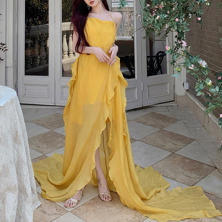 Yellow Sexy Backless Halter Dress