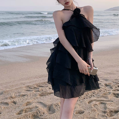 Sexy Backless Halterneck Ruffled Black Cake Dress