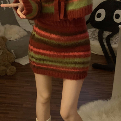 Rainbow Striped Knitted Cardigan Sweater Set Short Skirt