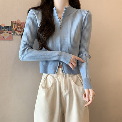 Fashionable Long-Sleeved Knitted Sweater Zipper Cardigan Top