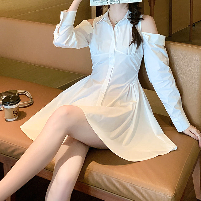 Off-The-Shoulder Waist Polo Collar Shirt Dress