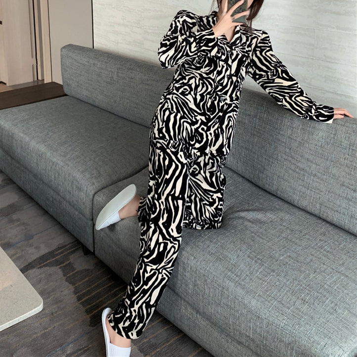 Velvet Sexy Zebra Print Cardigan Long Sleeve Lounge Wear Two Piece Set