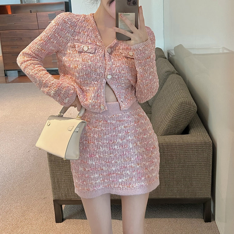 V-Neck Sweet And Elegant Cardigan Two-Piece Set