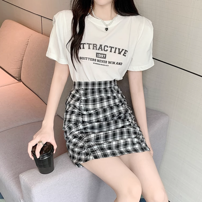 Set Printed T-Shirt Plaid Pleated Short Skirt