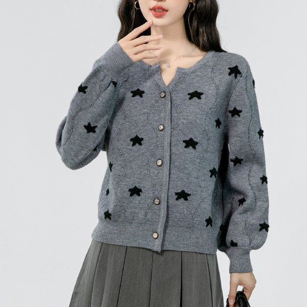 Gray Embroidered Five-Pointed Star Knitted Cardigan