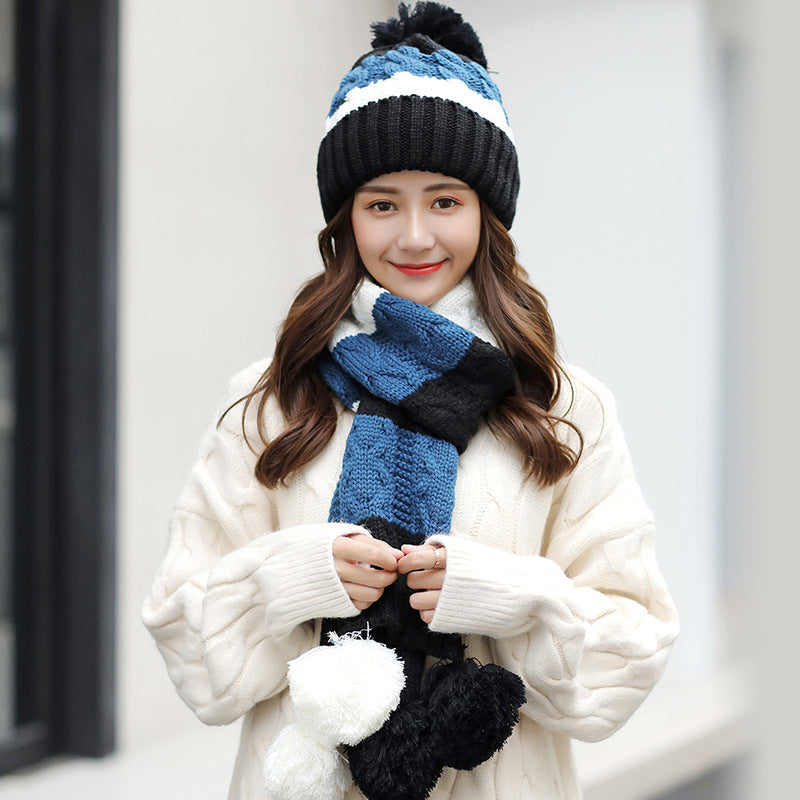 Color Block Knitted Warm Fur Ball Hat Scarf Set