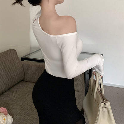 Solid Color Off-Shoulder Long-Sleeved Knitted T-Shirt Top