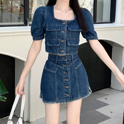 Square Neck Denim Top A-Line Shorts Set