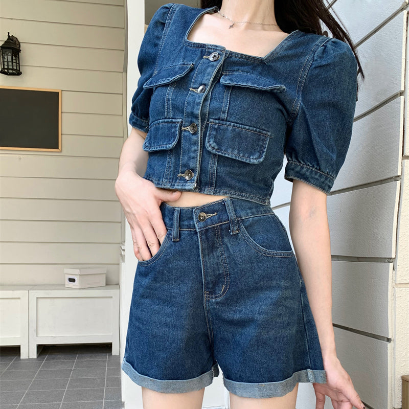 Square Neck Denim Top A-Line Shorts Set