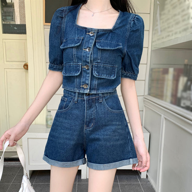 Square Neck Denim Top A-Line Shorts Set