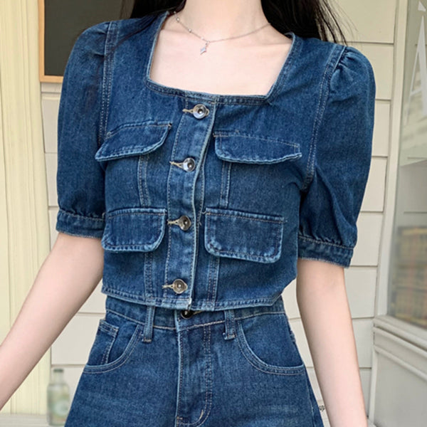 Square Neck Denim Top A-Line Shorts Set