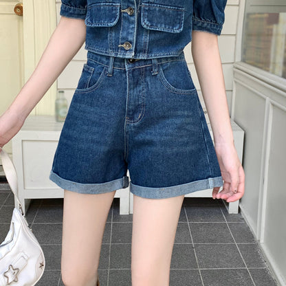 Square Neck Denim Top A-Line Shorts Set