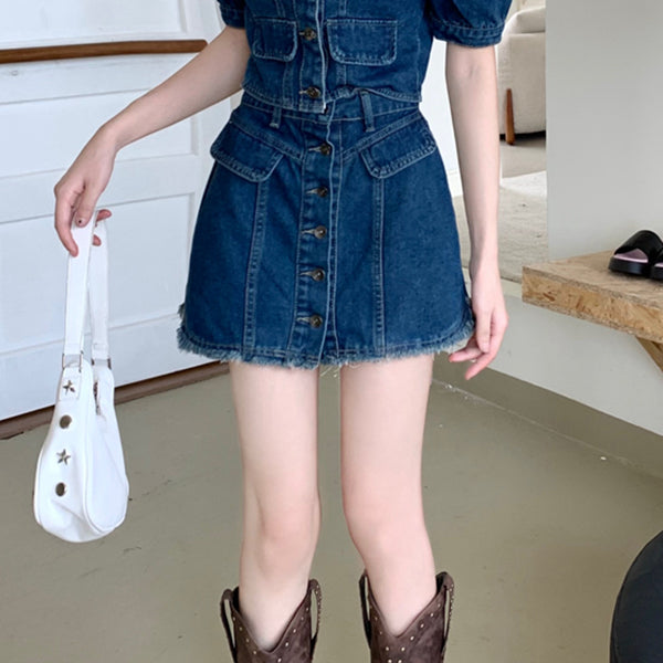 Square Neck Denim Top A-Line Shorts Set