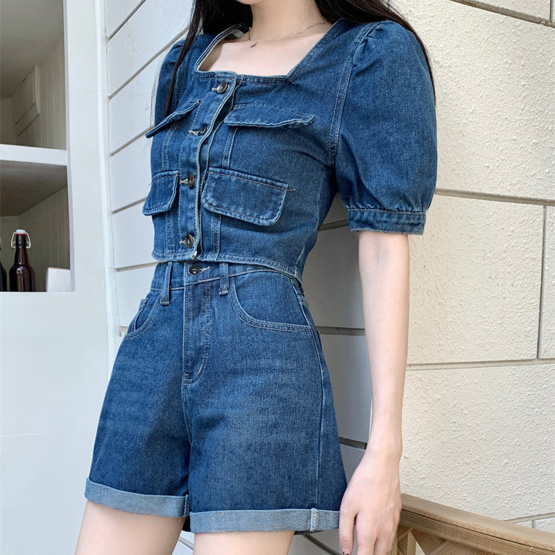 Square Neck Denim Top A-Line Shorts Set