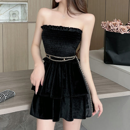 Black Sleeveless Tube Top Ruffles Big Swing Dress