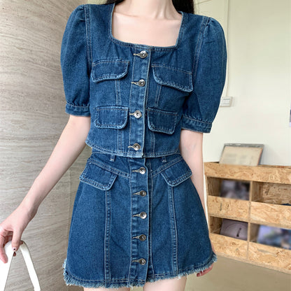 Square Neck Denim Top A-Line Shorts Set