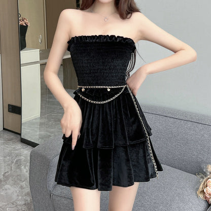 Black Sleeveless Tube Top Ruffles Big Swing Dress