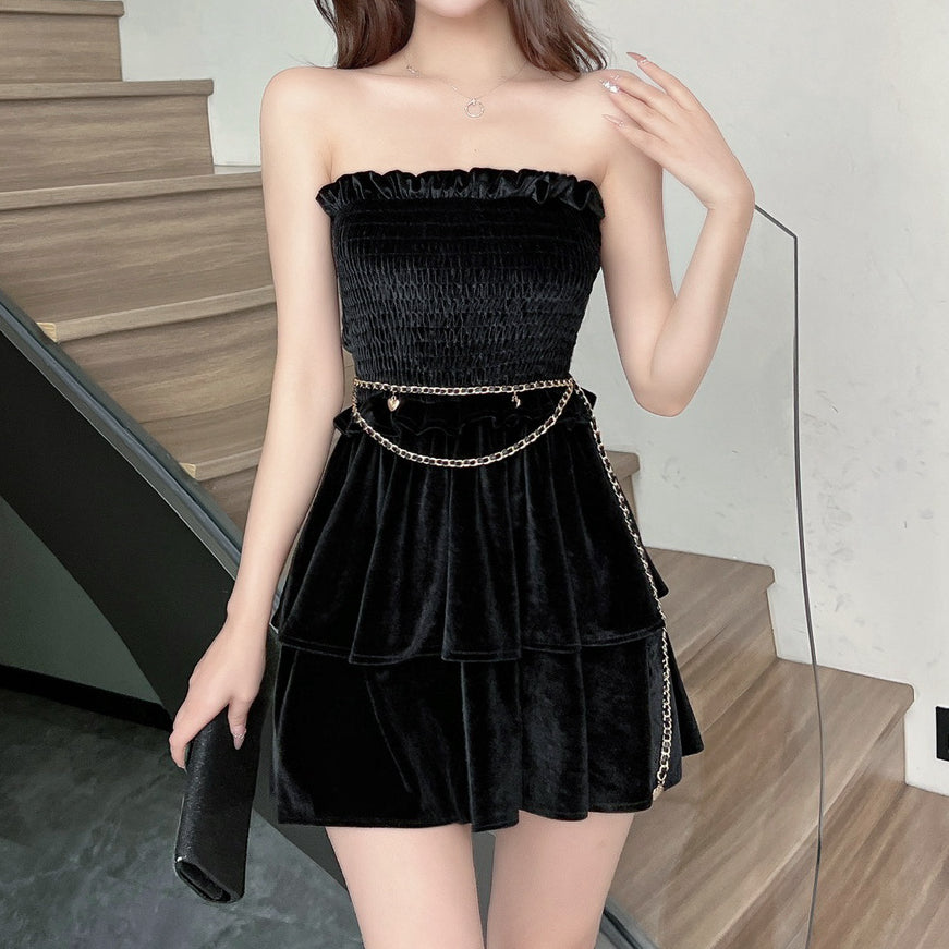 Black Sleeveless Tube Top Ruffles Big Swing Dress