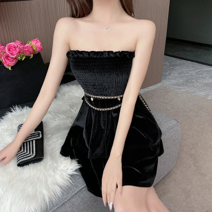 Black Sleeveless Tube Top Ruffles Big Swing Dress