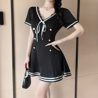 Double-Breasted Strappy Uniform Short-Sleeved Dress