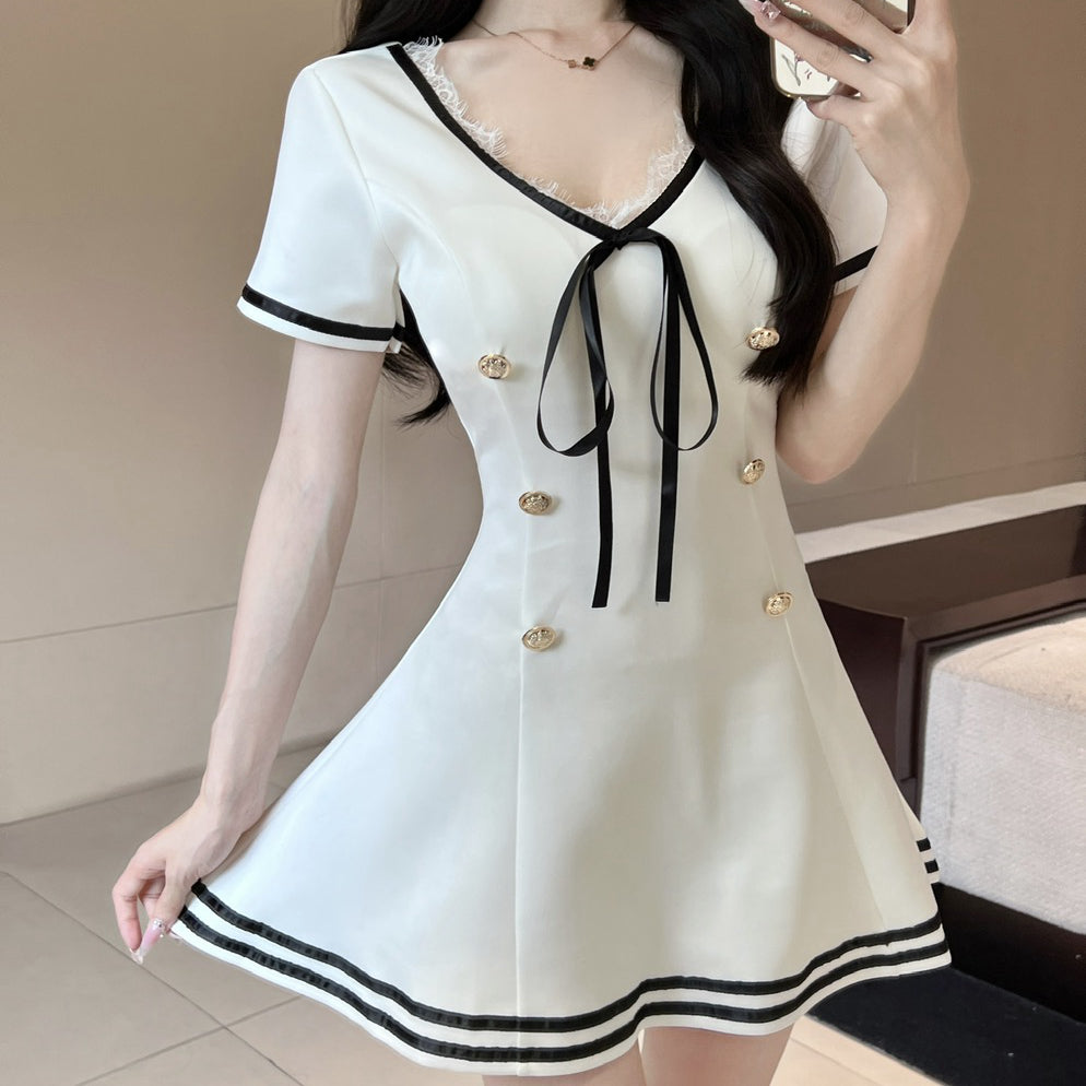 Double-Breasted Strappy Uniform Short-Sleeved Dress