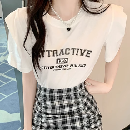 Set Printed T-Shirt Plaid Pleated Short Skirt