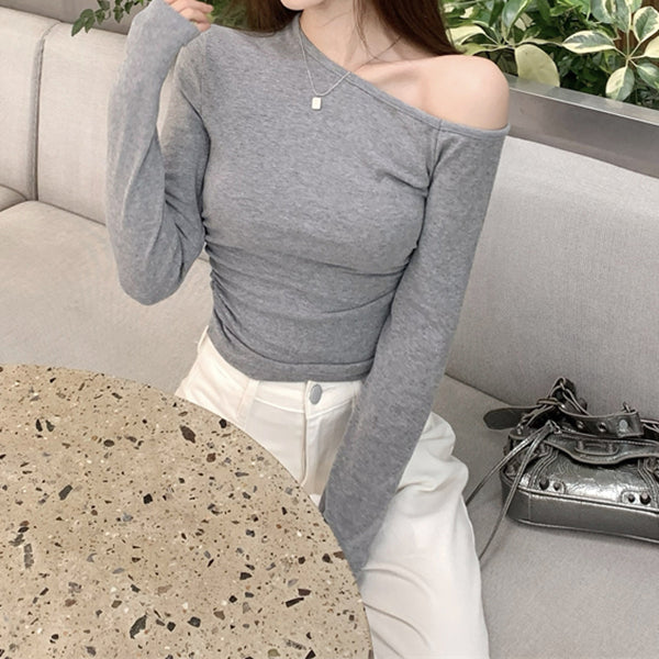 Slant Shoulder Brushed Solid Color T-Shirt Long-Sleeved Top