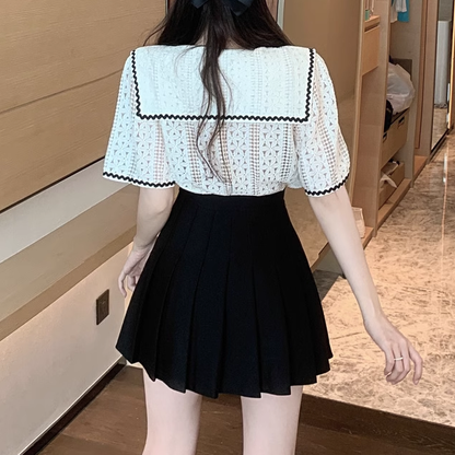 Large Lapel Lace Shirt Top Pleated Short Skirt Set