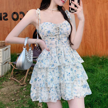 Halter Neck Suspender Floral Cake Dress