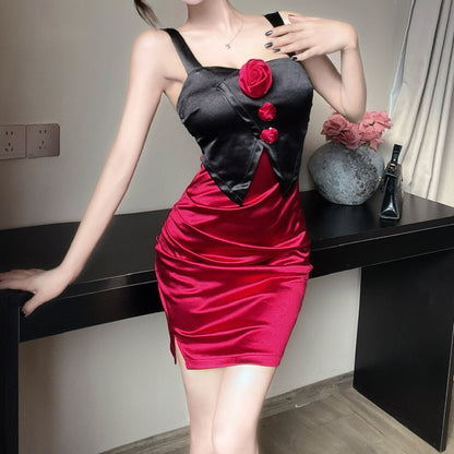 Satin Camisole Contrasting Hip-Hugging Short Dress