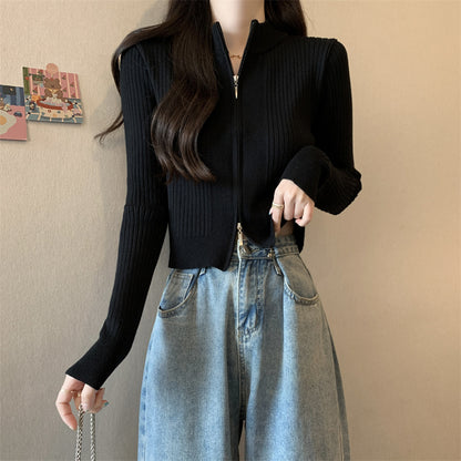 Fashionable Long-Sleeved Knitted Sweater Zipper Cardigan Top